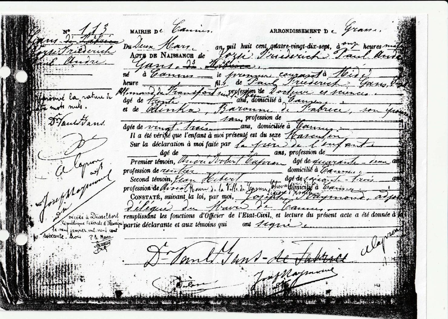 Lesbar ausgerichtete Geburtsurkunde von Joszi Paul André Gans, Cannes 1897